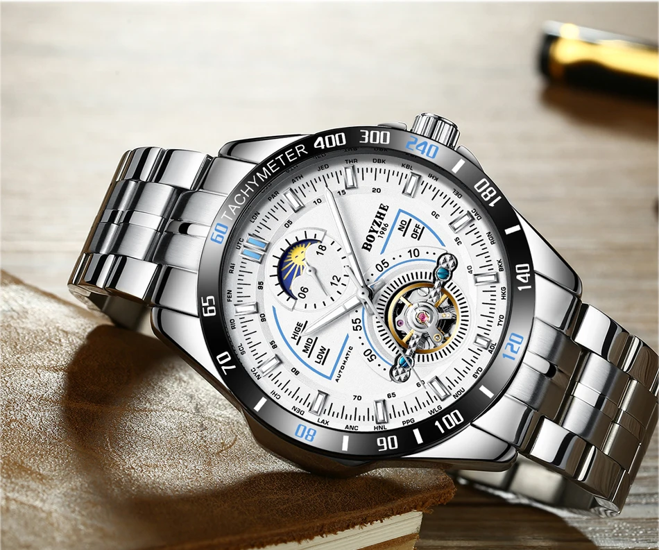 BOYZHE Mens Automatic Mechanical Fashion Top Brand Sports Watches Tourbillon Moon Phase Stainless Steel Watch Relogio Masculino