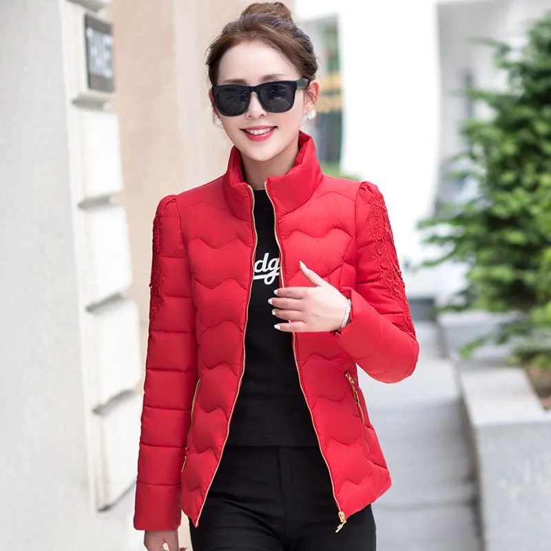 Fashion Autumn Winter Jackets for Women Warm Solid Slim Stand-collar Short Parkas Lace Embroidered Female Outwear Cotton Padded
