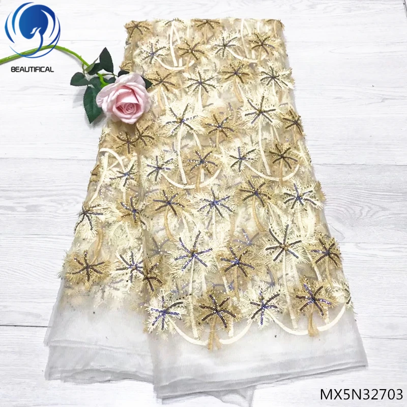 

Beautifical african fabric lace french lace fabrics 2018 african tulle lace fabric 5yards/piece with rhinestones beads MX5N327