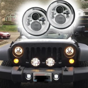 

Hot Selling 2pcs 7Inch Headlamps with Halo Ring Amber Turn Signal For Jeep lada niva 4x4 suzuki samurai