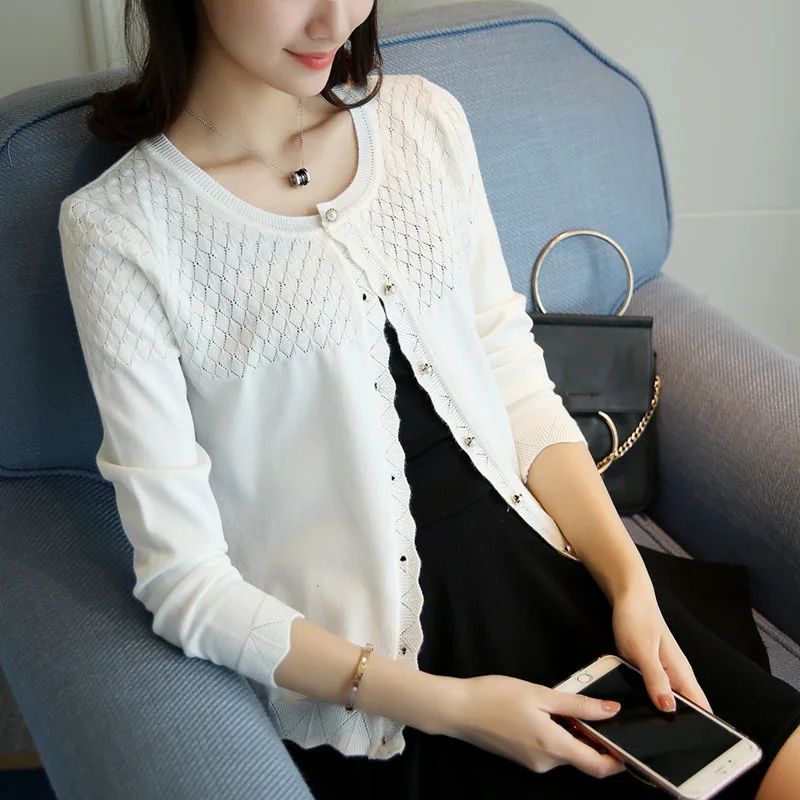 

Spring Summer Women Korean O-Neck Solid Color Knitted Cardigan Feminino Ladies Long Sleeve Loose Thin Buttons Cardigan