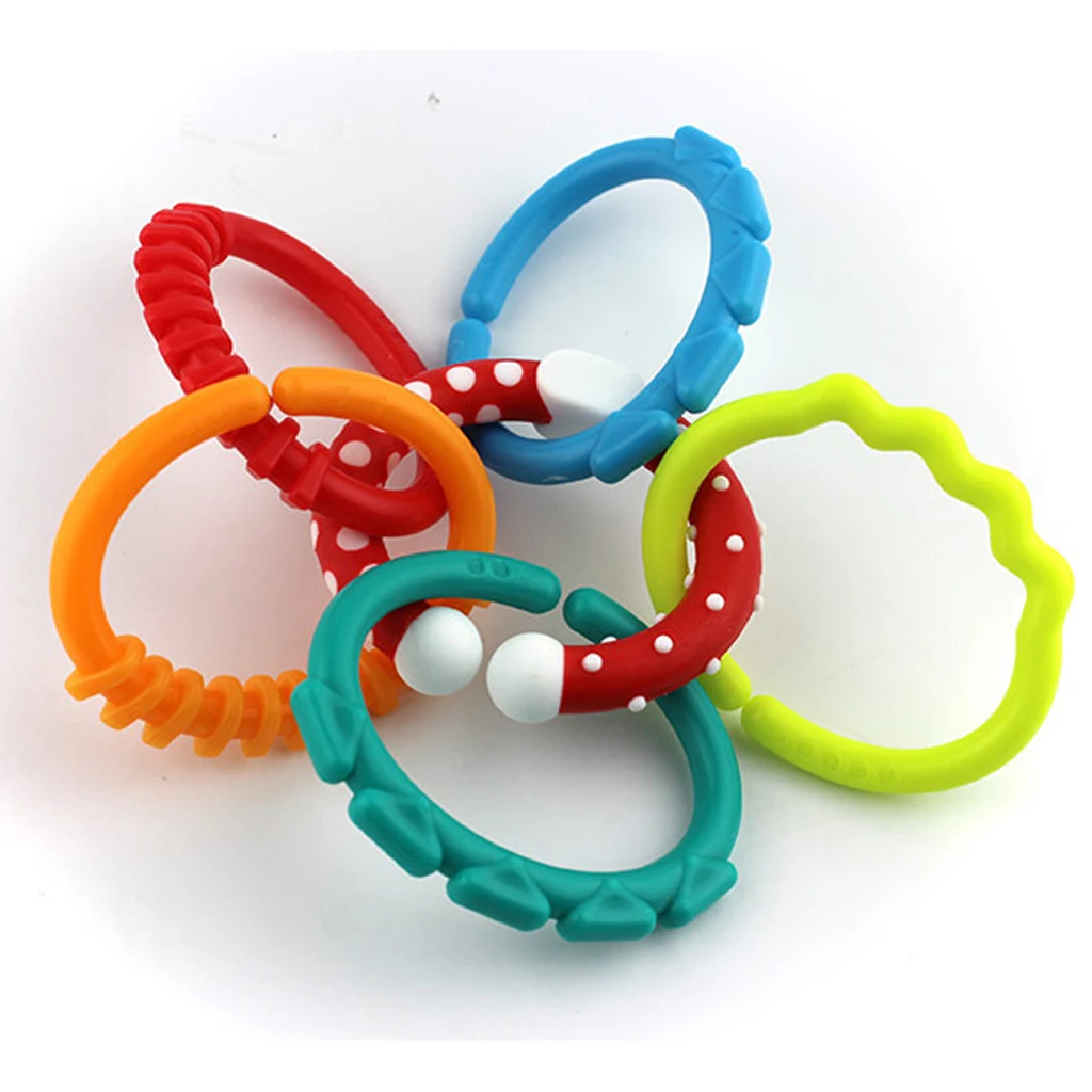 

6pcs Baby Teething Ring Silicone Teether Bracelet Sensory Toys Rattle Colorful Rainbow Crib Bed Stroller Link