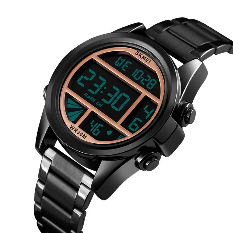 Цена SKMEI модные электронные часы со стальным ремешком для мужчин reloj de la marca de lujo инновационный стиль 2019 новое поступление