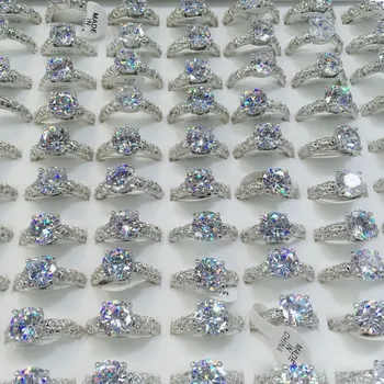 

100pcs/Lot Luxury Crystal Female Big Zircon Stone Ring Fashion Silver Bridal Wedding Ring For Women Promise Love Engagement Ring