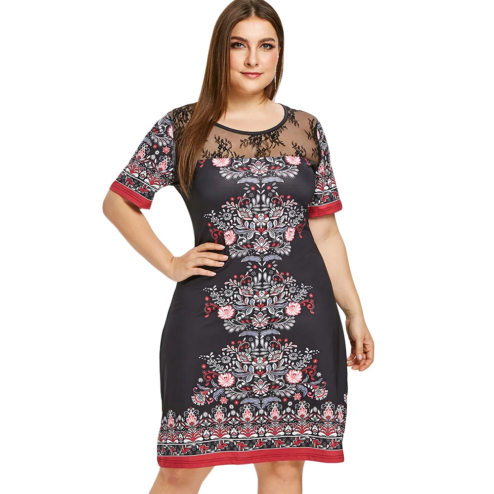 Женщины Лето Повседневная Bodycon Платье Плюс Размер Печати Кружева Сетки Панель