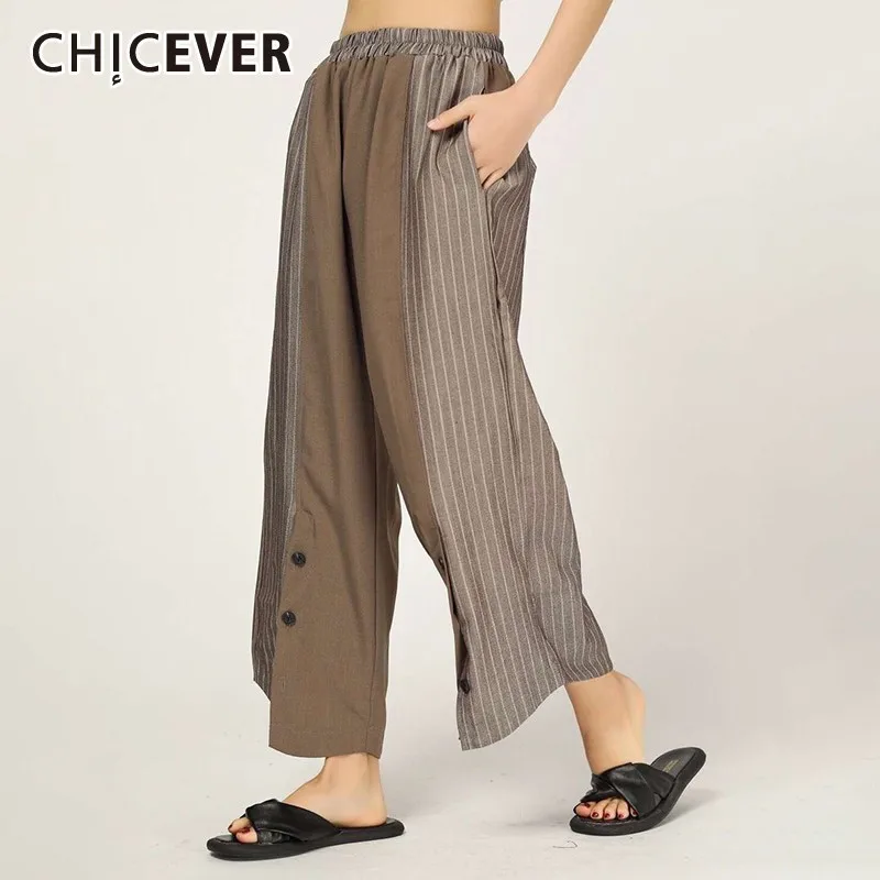 

CHICEVER Spring Plaid Patchwork Hit Color Women Pants Elastic Waist Pockets Loose Oversize Ankle-length Wide Leg Pants 2019 New