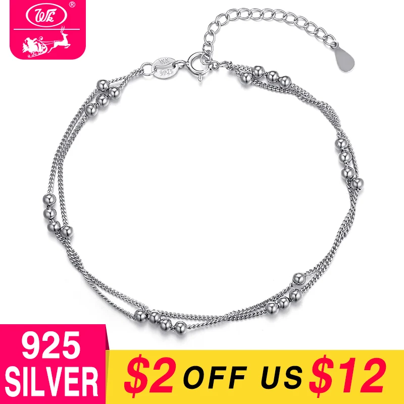 Wk Real Pure 925 Sterling Silver Bracelet Chain With Ball Beads Pure 925 Sterling Silver Bracelet Chain