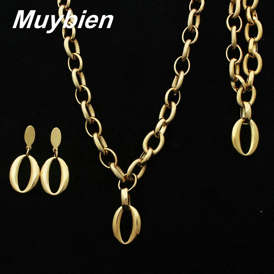 

New Design Stainless Steel Gold Color Bracelet Necklace And Earrings Jewelry Sets SFXJBJDC
