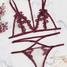 Сексуальное женское белье, кружевной бюстгальтер+ стринги, комплекты кружевного сетчатого лоскутного нижнего белья, комплекты женского белья с цветами, без рукавов, укороченные топы на бретельках, стринги, 2 шт