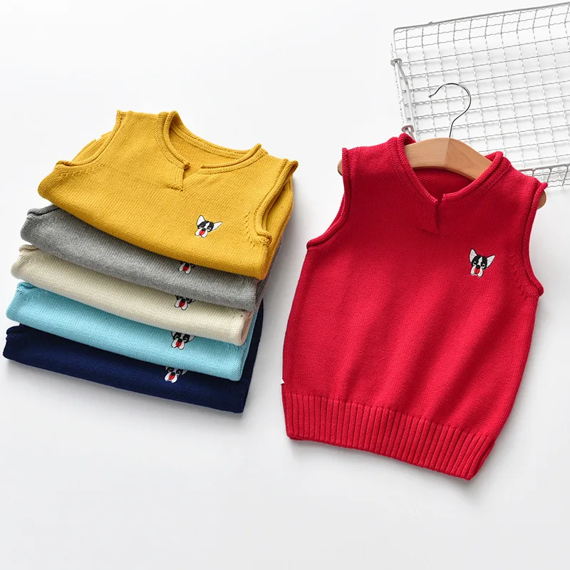 

2019 Spring New Baby Vest Children Wool Cartoon Dog Pattern Soild Color Pure Cotton Puppy Sleeveless Knitting Pullover Sweater