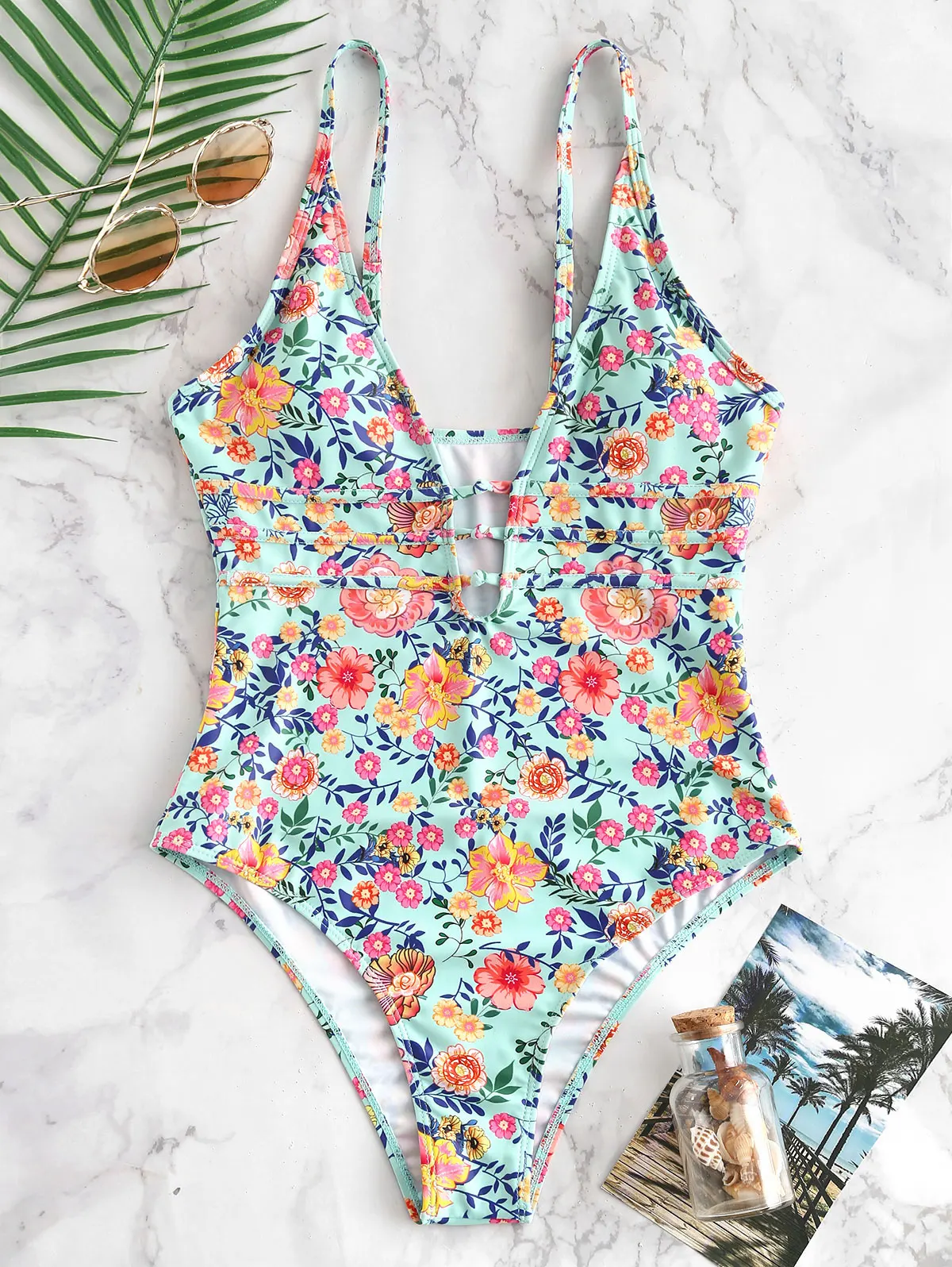 

ZAFUL Ladder Cut Ruched Spaghetti Strap Padded One-Piece Bathing Suit Solid Blue Swimming Suit For Women Swimwear Female 2019