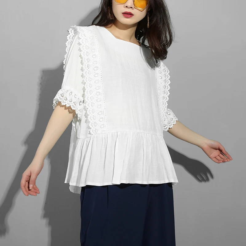 

[EAM] 2019 New Spring Summer Round Neck Half Sleeve Lack Lace Split Joint Hem Pleated Big Size T-shirt Women Fashion Tide JS062