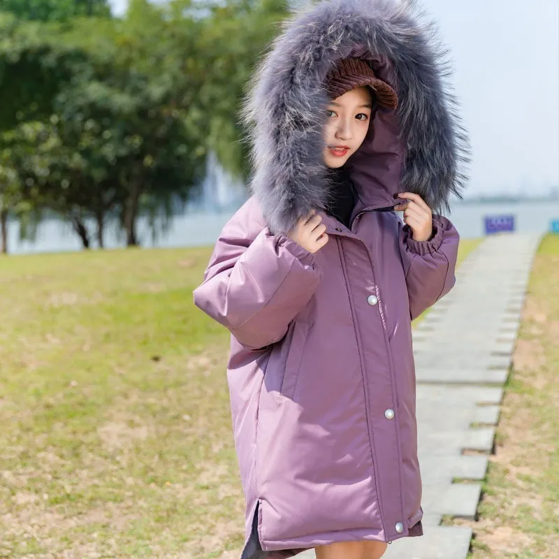 

90 % Duck Down Teenager Girls Winter Asymmetrical Coats With Fur Hooded Jacket For Kids Fashion 2018 Warm Outerwear Tops Clothes