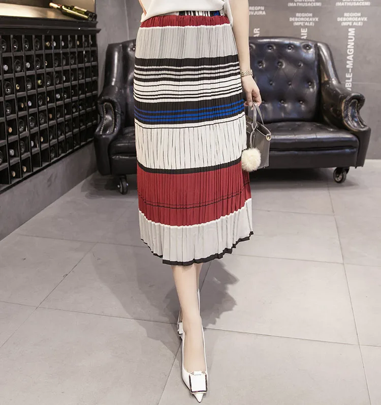 

NIJIUDING 2019 Spring New-Coming Color Striped Pleated skirt High Street Style Mid-Calf Empire Soft Fashion Women Skirts