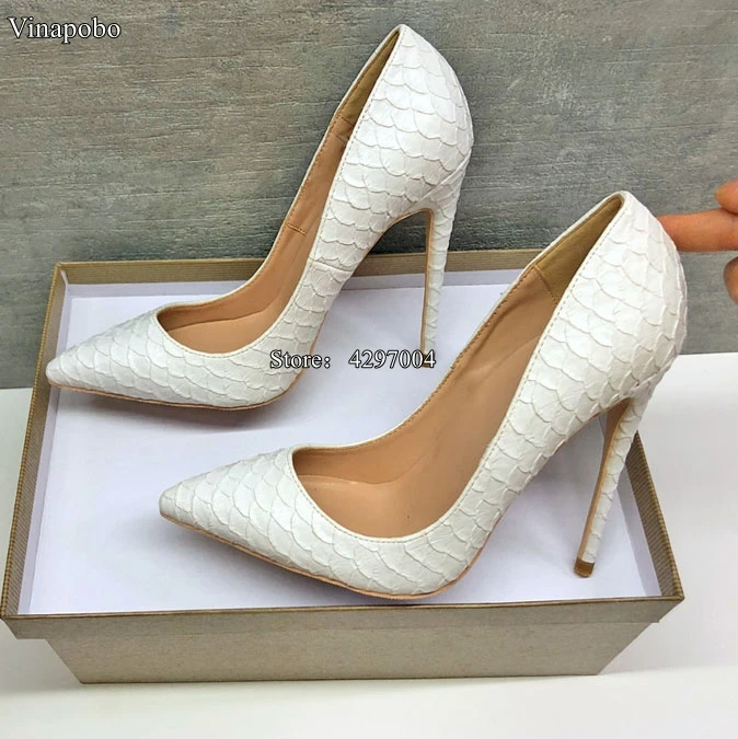 Sexy High Heel Shoes White Snake Print Leather Stilettos Shoes For Women Pointed Toe Slip-on Leather Dress Pumps Wedding Shoes