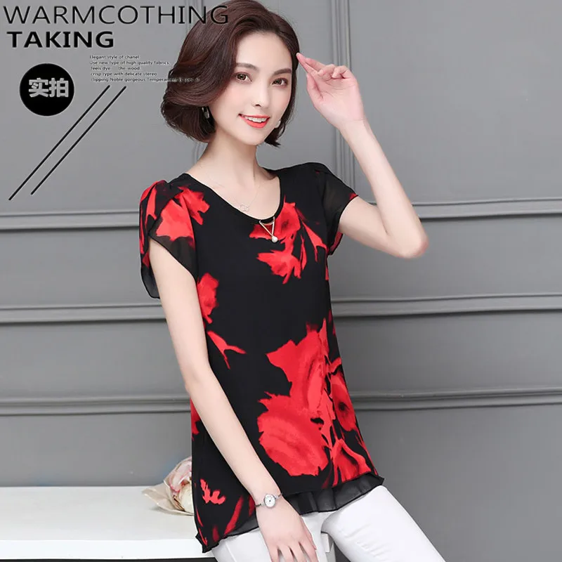 2019 جديد الربيع 5XL الشيفون الكتان النساء بلوزة عارضة فضفاض shortSleeve البلوزات قمصان زائد حجم الأزهار الإناث Blusas قمم