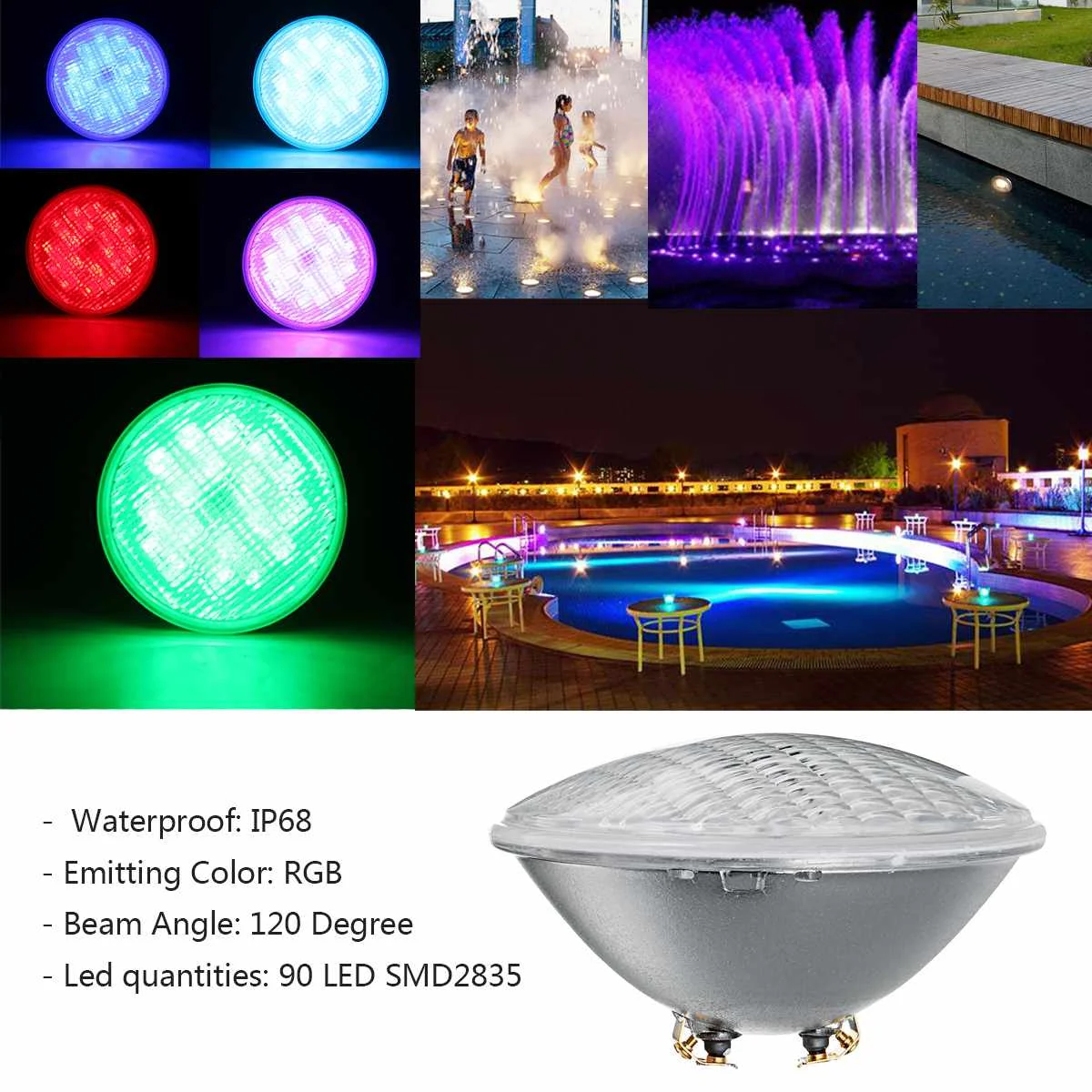 

90 LED PAR56 Swimming Pool RGB 54W 12V 16 Color Lights Underwater Remote Controller IP68 Eco-Friendly For Fountain Shockproof