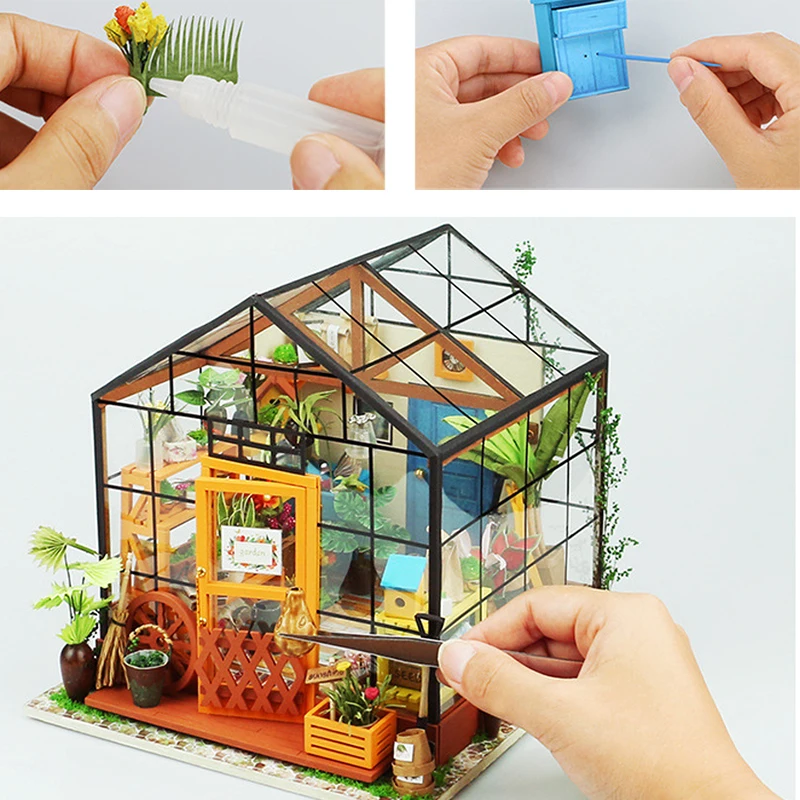 DIY Деревянный Цветочный миниатюрный 3D светодиодный мини кукольный домик с