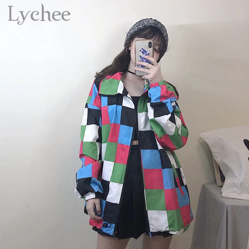 Lychee Harajuku хит цветная клетчатая Женская Солнцезащитная куртка на шнурке с длинным
