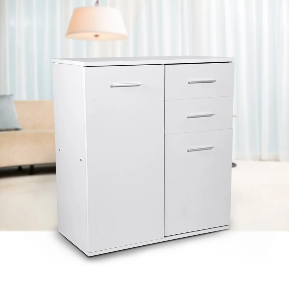 

73.5x66x33cm White Wooden Floor Standing Storage Cabinet Cupboard with 2 Drawers and 2 Doors