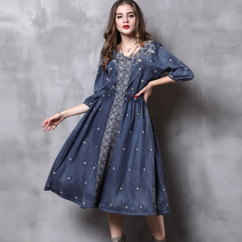 

#2410 2018 Autumn Fashion Vintage Jeans Dress Embroidery Half Sleeve V-neck Plus Size Elastic High Waist Denim Dresses Women