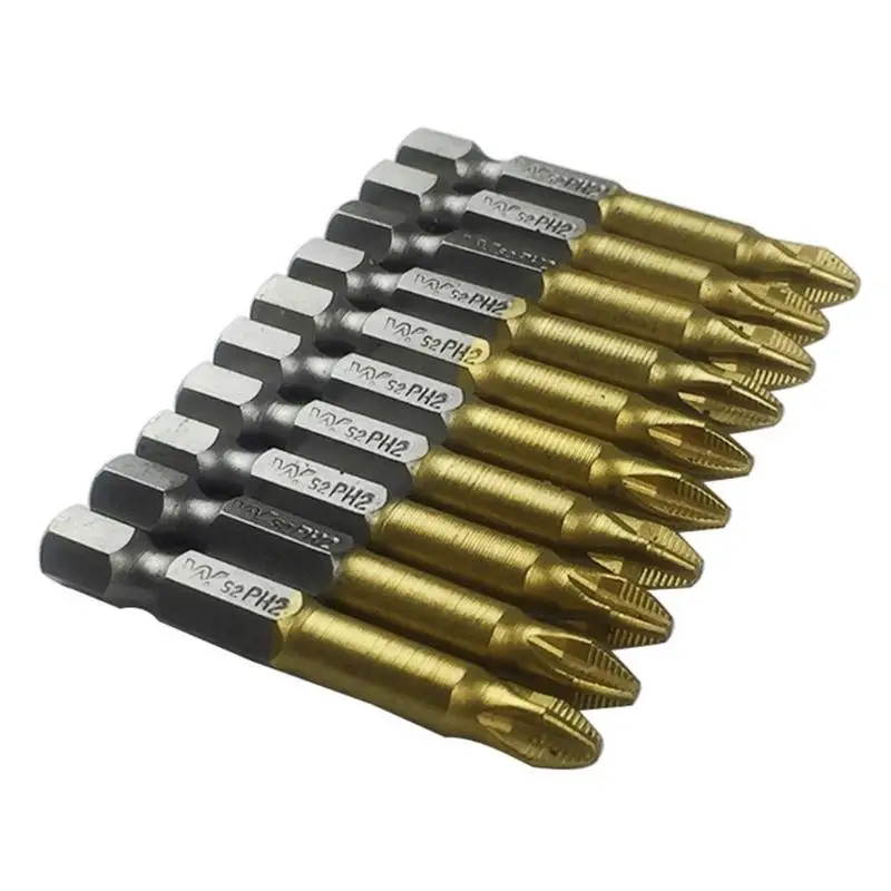 

10pcs Anti Slip Electric Screwdriver Bits Hex Shank Titanium Coated Screwdriver Bits Titanium Coated PH2