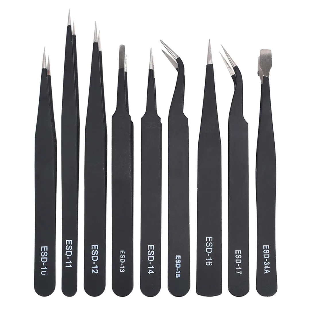 

9PCS Stainless Steel Electronic Precision Tweezers Set Anti Static Repair Hand Tool Kit With Blue/Orange Storage Bag