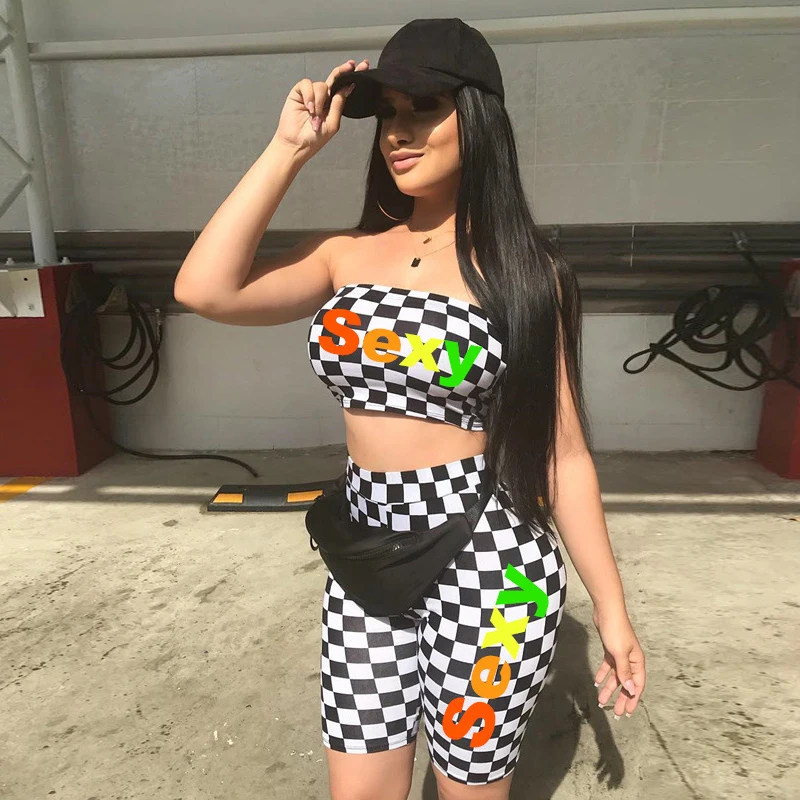 

Women Sexy Club Matching TWO PIECE SET Shorts Plaid Print Letter Tube Top Bottom Strapless Checkered Vacation Outfits Clubwear