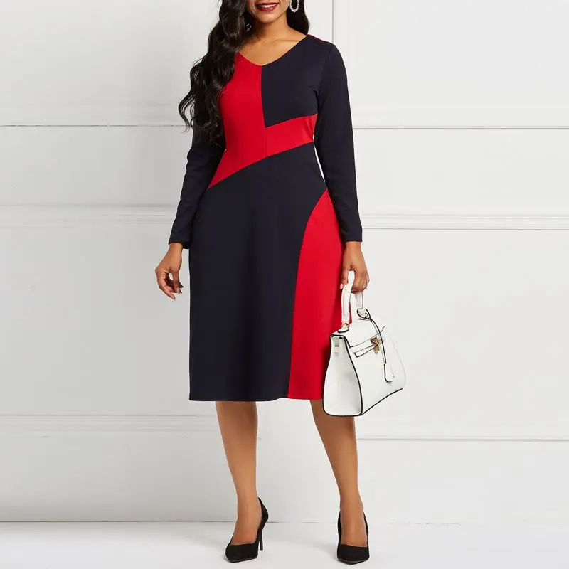 Women Midi Dress Elegant Spring Autumn Street Casual Color Block Fashion A Line Pockets High Waist Work Office Dresses Female | Женская