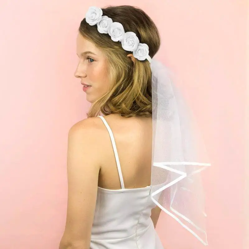 

Women Corolla Chaplet Veil Bridal Hair Flower Crown Veil Adjustable Drawstring Bachelor Party Ribbon Wedding White Corolla
