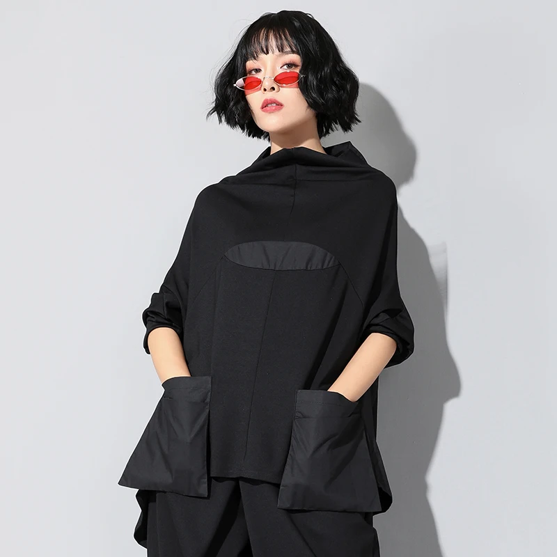 

Low High Design Black Turtleneck Long Blouse Women 2019 Spring Pockets Patchwork Streetwear Ladies Batwing Sleeve Plus Size Tops