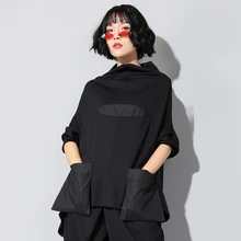 Low High Design Black Turtleneck Long Blouse Women 2019 Spring Pockets Patchwork Streetwear Ladies Batwing Sleeve Plus Size Tops цена Low High Design Black Turtleneck Long Blouse Women 2019 Spring Pockets Patchwork Streetwear Ladies Batwing Sleeve Plus Size Tops цены онлайн