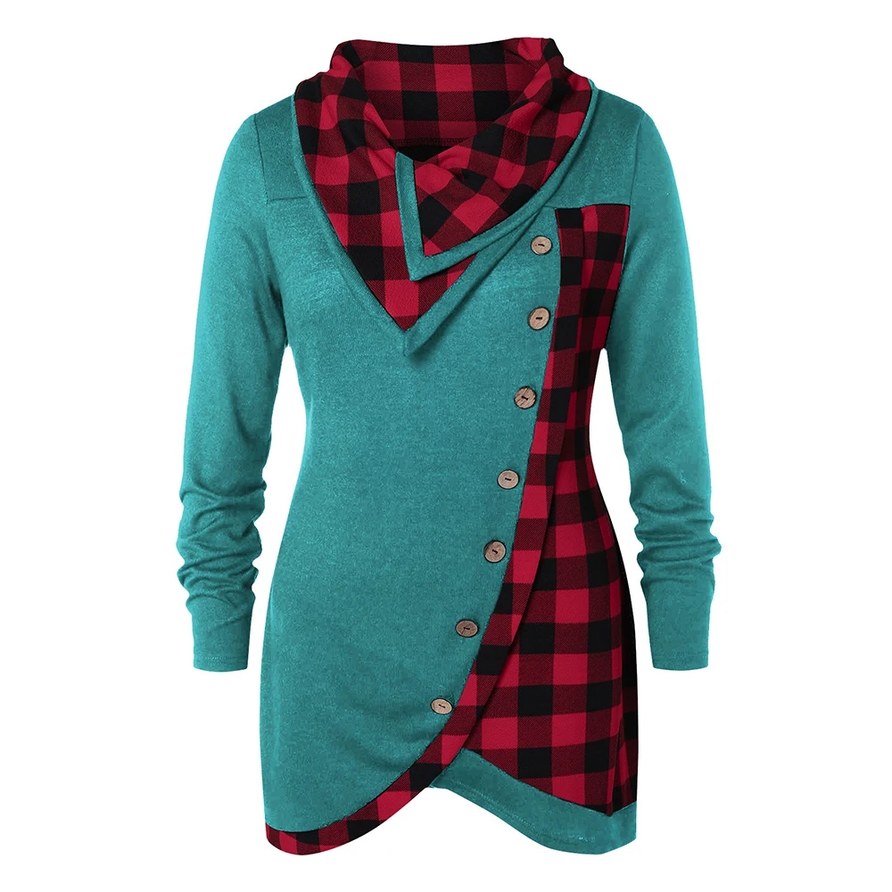 

Skew Button Plaid Spliced Plus Size T-shirt