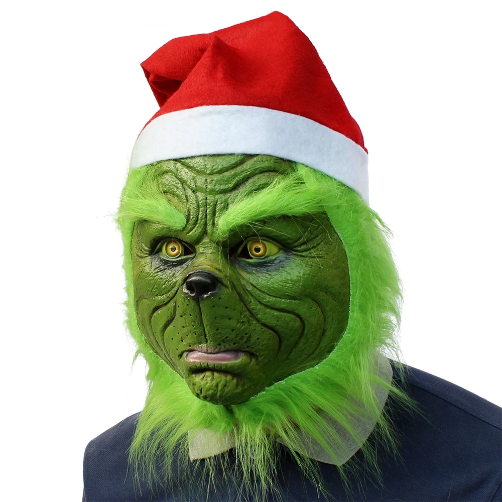 

Novelty Cosplay Party Latex Adult Character How the Grinch Stole Christmas Green Hair Mask Halloween Props Funny Gag Beanie Gift