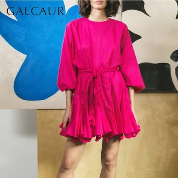 

GALCAUR Lantern Sleeve Womens Dresses O Neck Long Sleeves High Waist Lace Up Mini A-line Dress For Women 2020 Fashion Clothes