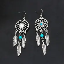 Silver Plated Bohemia Feather Dream Catcher Dreamcatcher Drop Earrings For Women Jewelry dreamcatcher design feather drop earrings