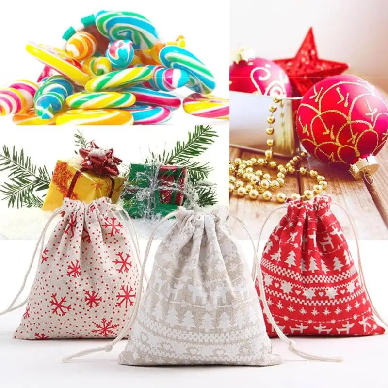 Christmas Gift Bag Fabric Snowflake Linen Drawstring Storage Bags ...