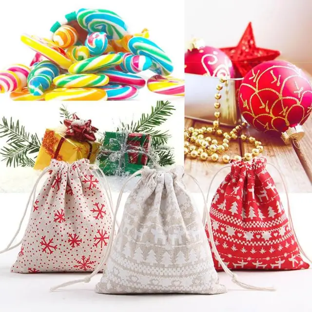 Christmas Gift Bag Fabric Snowflake Linen Drawstring Storage Bags