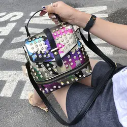 Мини-женский рюкзак в стиле панк с бриллиантами, сумки на плечо для женщин, рюкзаки с камуфляжным узором для девочек-подростков, PU кожаный