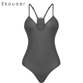 

Ekouaer Women Sleepwear Sexy Home Clothing Lingerie Spaghetti Strap V-Neck Solid One Piece Bodysuit Nightwear Female Nighies
