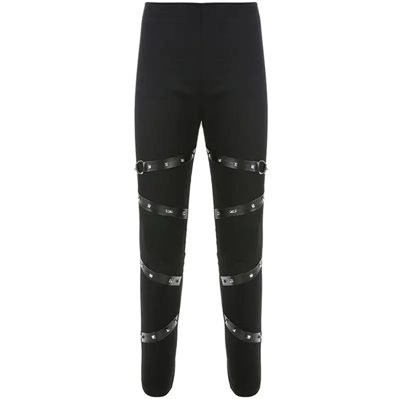 

Casual Pants Women Fashion Goth Rivet Patchwork Streetwear Cool Girl Punk Black Trousers Joggers Spring High Waist Skinny Pants