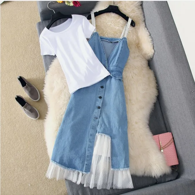 

2018 Summer Fashion Women's Simple White T-shirt + High Waist Strap Gauze Jeans Dress Two-piece Student Girls Denim Dress Suit