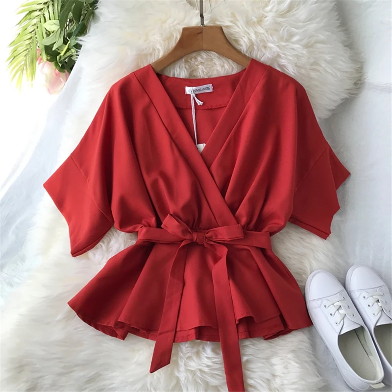  2019 Korean Women Bow Lace Up Slim Tops And Blouses Ladies V-Neck Chiffon Shirt Half Sleeve Ruffles