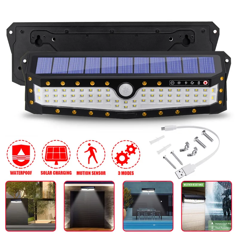 

79LED Solar Wall Lamps Solar Powered/USB Rechargeable PIR Motion Sensor Waterproof 4 Modes Outdoor Garden Path Way Wall Lights