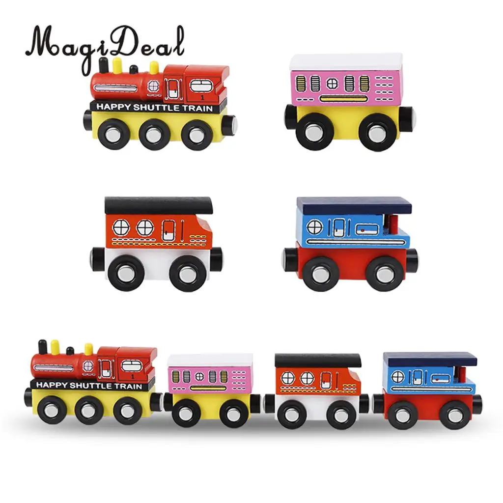 4x Wooden Train Carriage Car Tracks Cars Vehicle Model