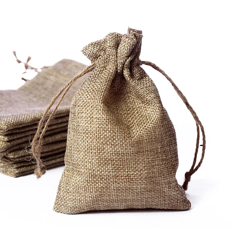 10*14cm Brown Burlap Drawstring Jute Bags Vintage Wedding Parties