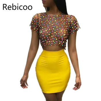 

Women Sexy 2 Piece Set Polka Dot Mesh Tshirt Crop Top and Skirt Short Sets Two Piece Club Outfits Bodycon Dress