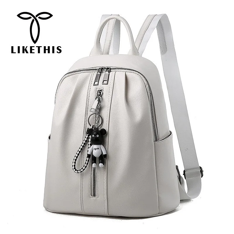 

LIKETHIS Bear Hanging Lady Backpacks Women Schoolbag 2019 Hot Zipper Multi-pocket Casual PU Leather Travel Backpack Sirt Cantasi