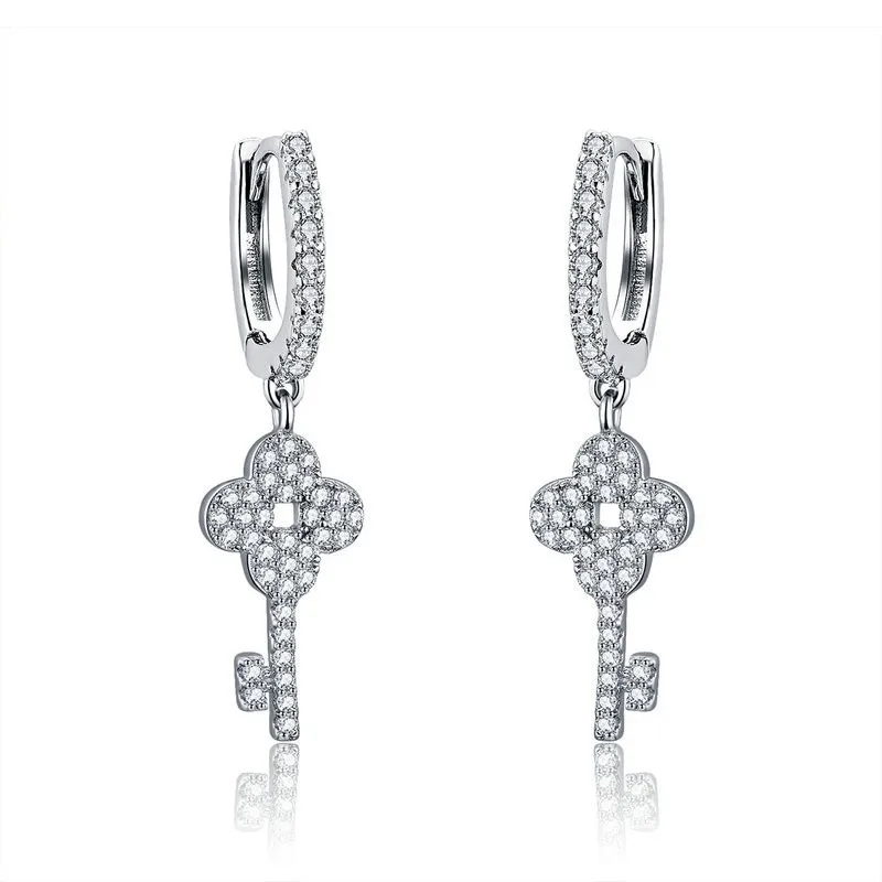 

Genuine 925 Sterling Silver Clover Love Key Dazzling Crystal Drop Earrings for Women Wedding Silver Jewelry SCE521