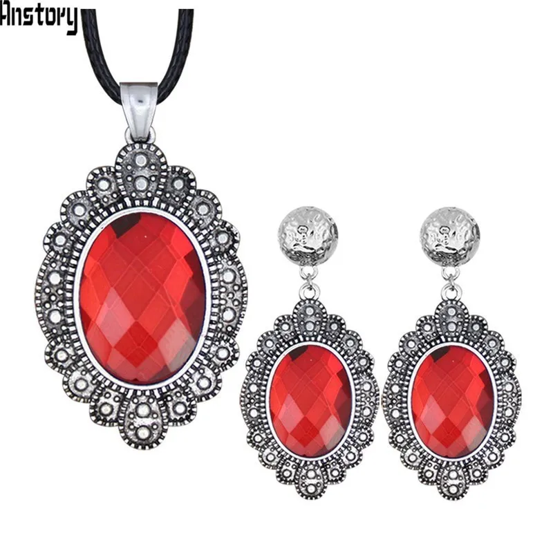 

6 Colors Oval Cut Crystal Jewelry Sets Leaf Pendant Necklace Earrings Vintage Fashion Party Vacation Jewelry For Women